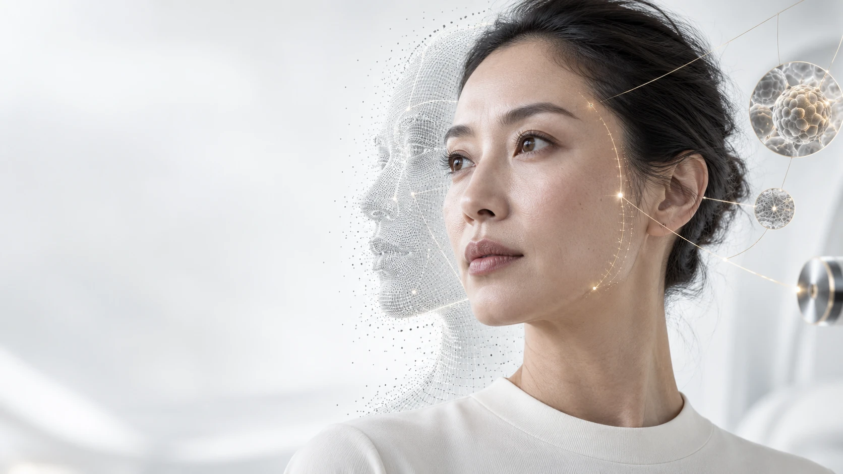 ภาพแนวคิด Human × Data: บุคคลและโครงข่ายจุดข้อมูล สื่อถึงนวัตกรรมที่เชื่อมโยงกับผู้คน